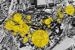 Diagramma georiferito relativo ai consumi di gas, in mc, dei vari copri edilizi.
