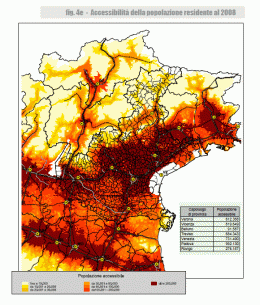 Indicatore di accessibilità della popolazione residente al 2008 (fonte Atlante Nazionale del Territorio Rurale - monografia Veneto)